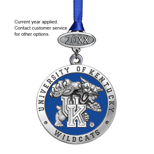 University of Kentucky Wildcats ornament with blue ribbon on a white background