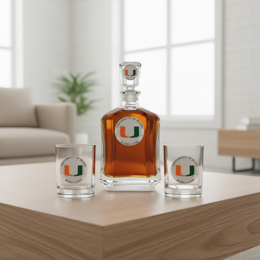 University of Miami Hurricanes decanter and glasses with logo on a white background