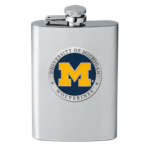 Stainless steel flask with University of Michigan Wolverines logo on a white background