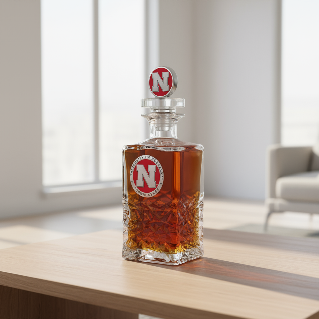 Glass decanter with a red and silver logo on a white background