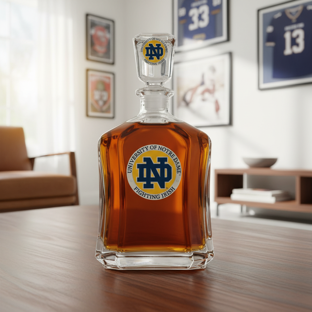 Glass decanter with University of Notre Dame logo on a white background