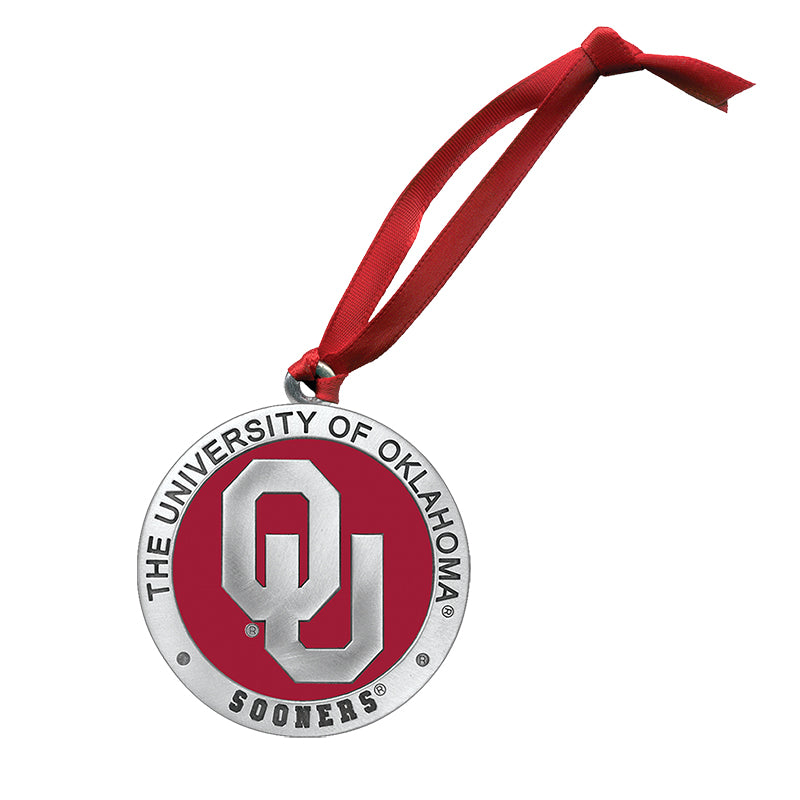 Decorative ornament with 'The University of Oklahoma Sooners' logo on a red background.