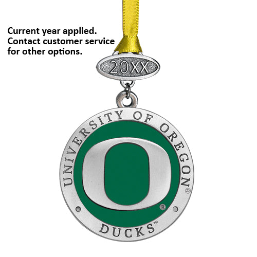University of Oregon Ducks ornament with green and silver design on a white background