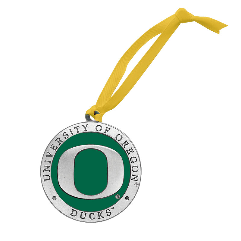 University of Oregon Ducks ornament with green and silver design on a white background