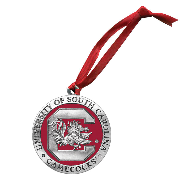University of South Carolina Gamecocks ornament with red ribbon on a white background