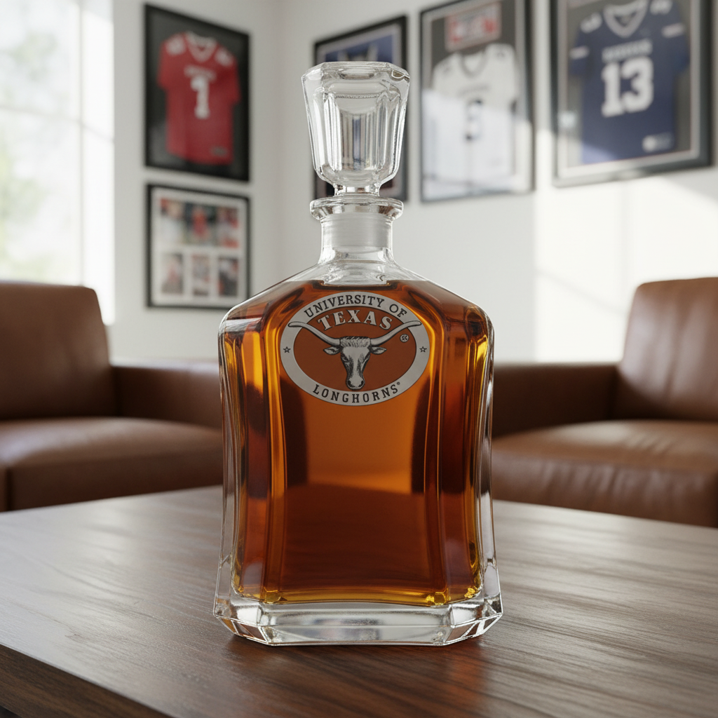 Glass decanter with University of Texas Longhorns logo on a white background