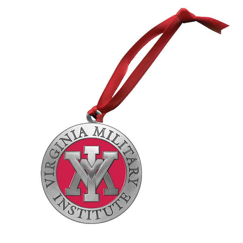 Medal with 'Virginia Military Institute' text and logo on a red ribbon against a white background