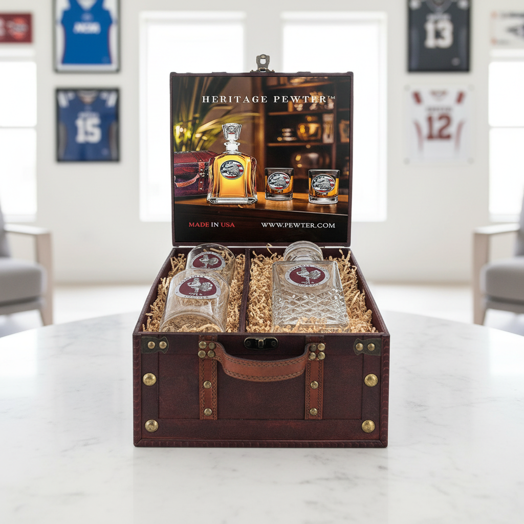 Virginia Tech Hokies Decanter Set w/ 2 Glasses & Large Chest Box – Made in USA