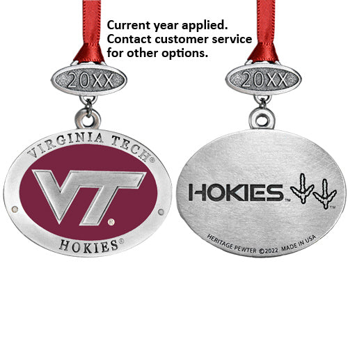 Two Virginia Tech Hokies ornaments with red ribbons on a white background.