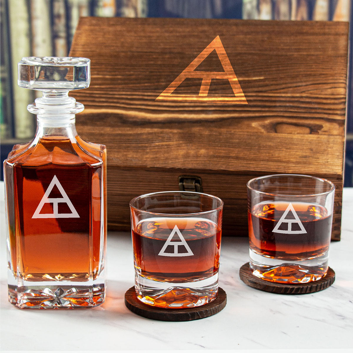 Engraved Triangle Fraternity - Personalized Whiskey Decanter Set In Wood Gift Box