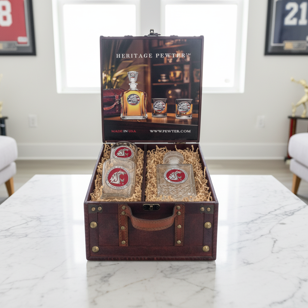 Washington State Cougars Decanter Set w/ 2 Glasses & Large Chest Box - Made in USA