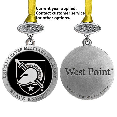 Silver medallion with 'West Point' and 'Black Knights' text, featuring a yellow ribbon.