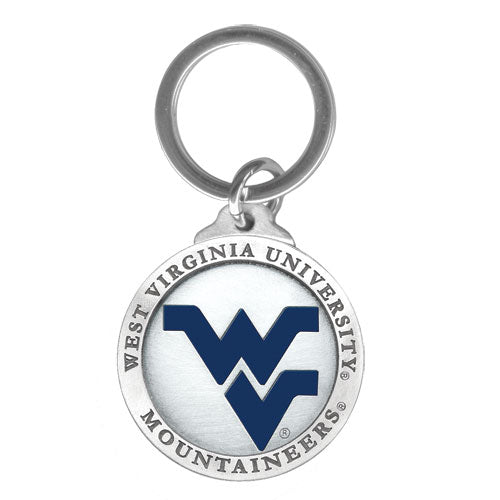 West Virginia University keychain with logo on a white background