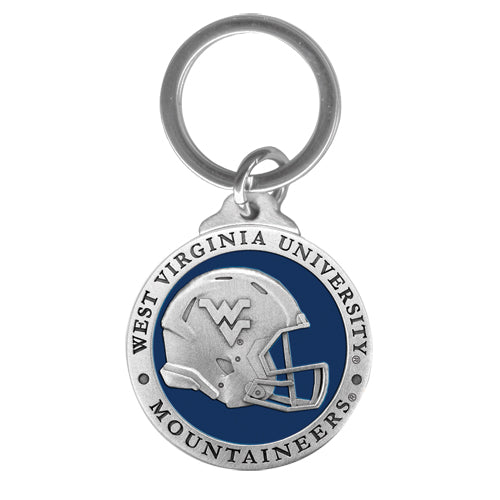 West Virginia University keychain with helmet design on a white background
