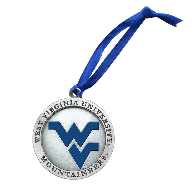 West Virginia University Mountaineers ornament with blue ribbon on a white background