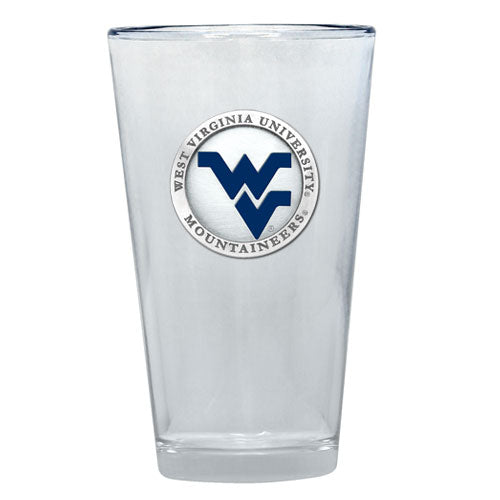 Clear glass with West Virginia University logo on a white background