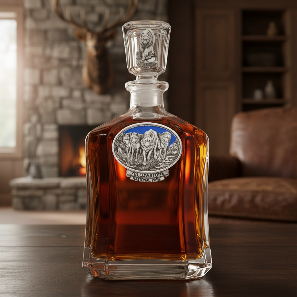 Wolves Yellowstone National Park Whiskey Capitol Decanter - 24oz with Fine Pewter Casting - Made in USA