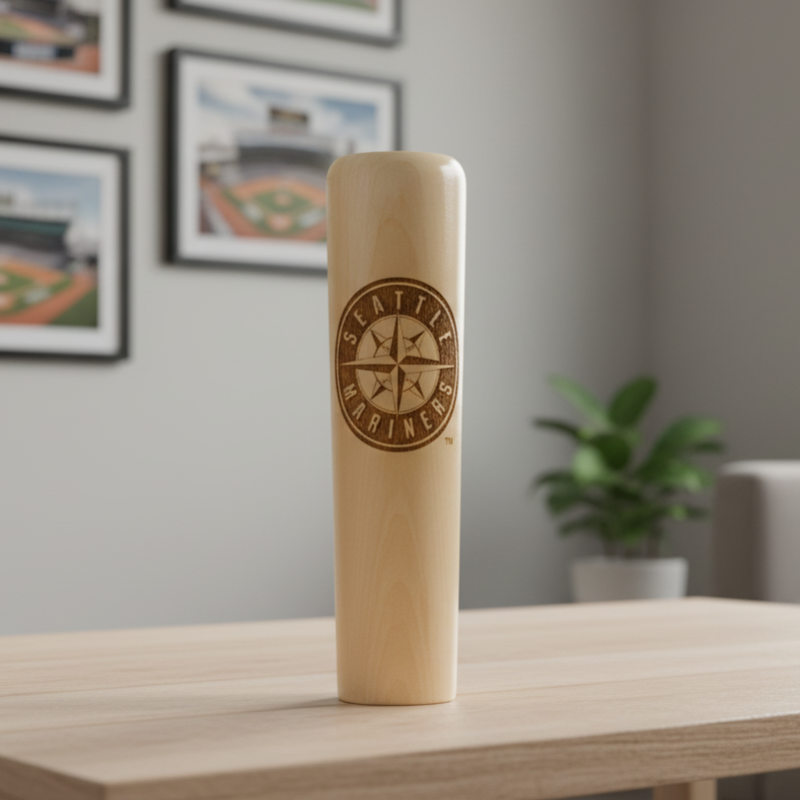 Wooden baseball bat with Seattle Mariners logo on a wooden background