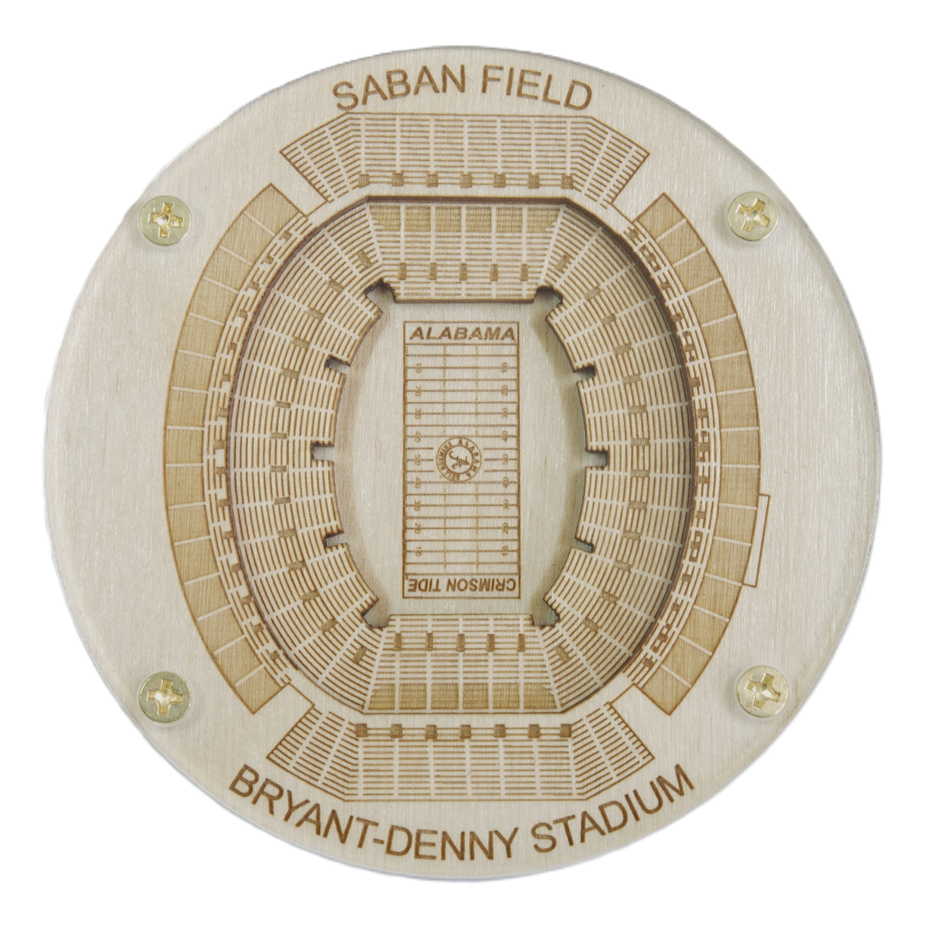 Wooden model of Bryant-Denny Stadium with 'Saban Field' and 'Alabama' text on a white background