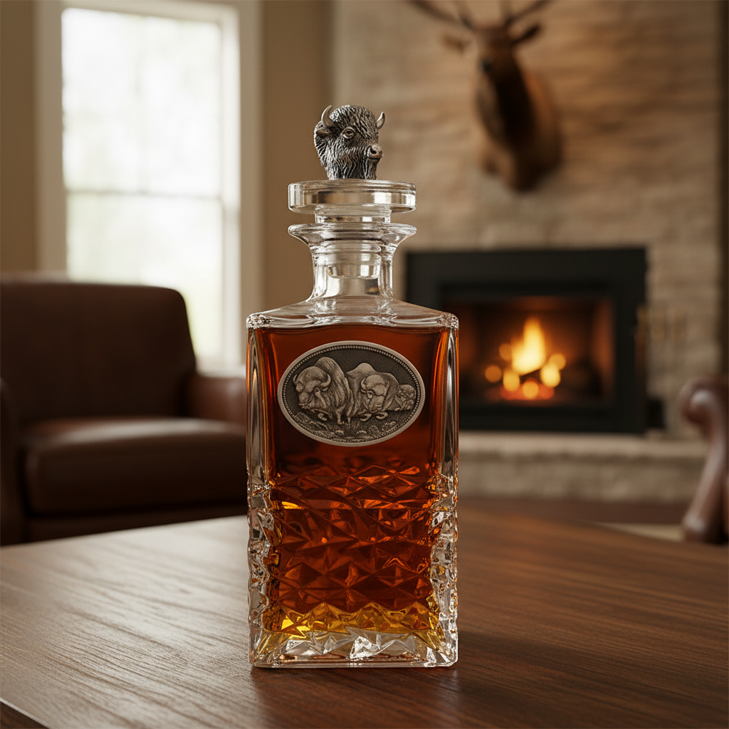 Buffalo Heritage 25oz Glass Decanter – Handcrafted Pewter & 3D Topper