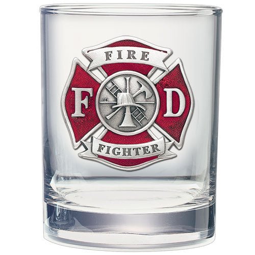 A 13.5-ounce double old fashioned rocks glass featuring a detailed 3D sculpted fine pewter firefighter emblem, handcrafted in the USA.
