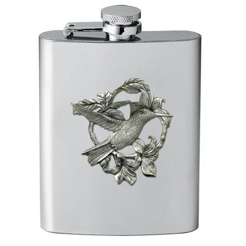 Hummingbird Stainless 8oz Steel Flask with Fine Pewter Casting - Made in USA