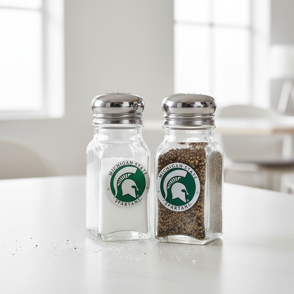 Two glass salt and pepper shakers with Michigan State Spartans logo on a white background