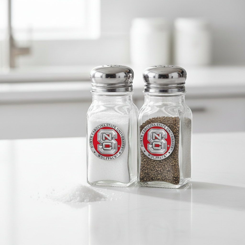 Two glass salt and pepper shakers with North Carolina State University logo on a white background