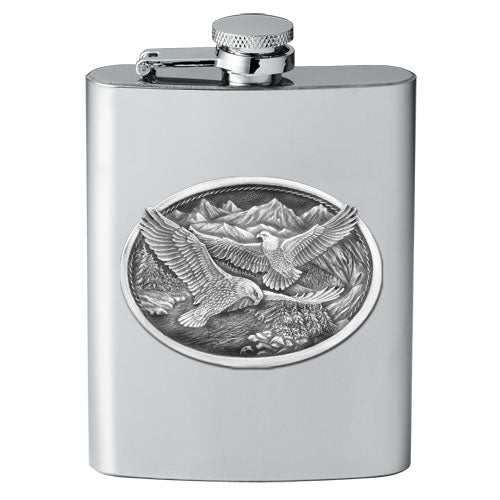 Soaring Eagle 8oz Stainless Steel Flask - Fine Pewter Emblem - Made in USA