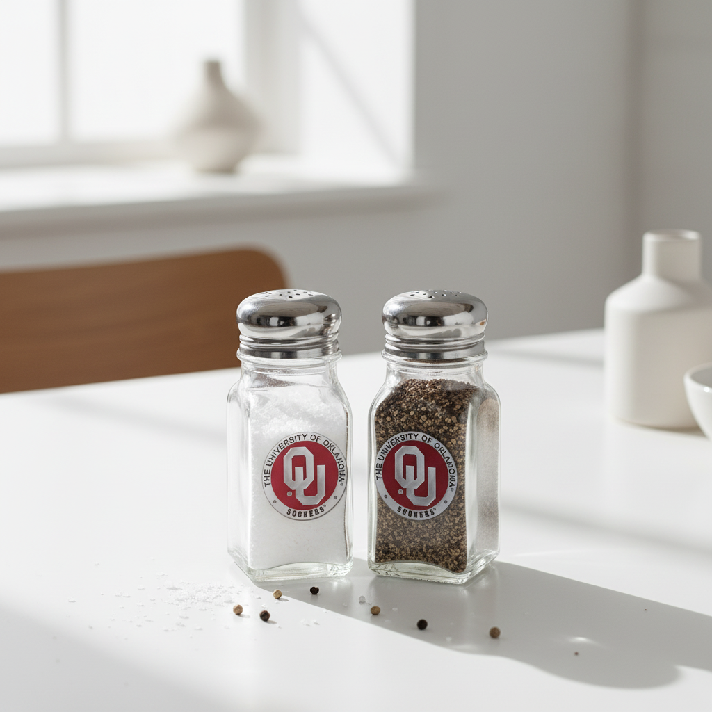 Two glass salt and pepper shakers with Oklahoma Sooners logo on a white background