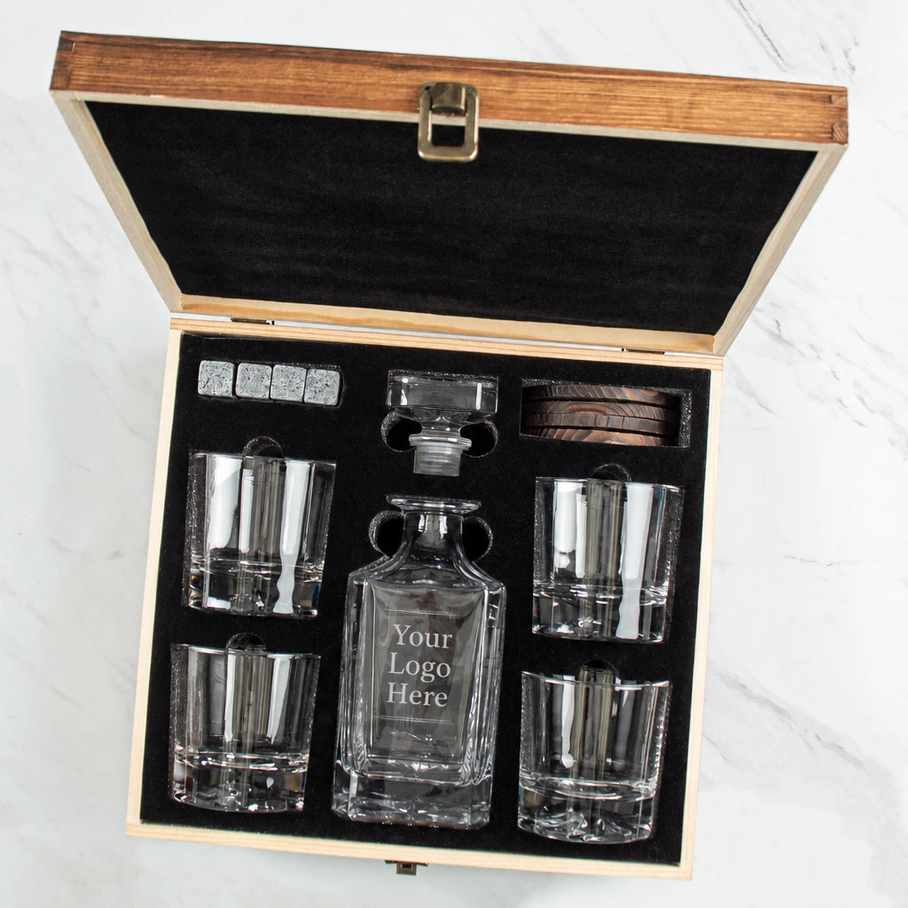 Add Your Logo Classic Decanter Set in a wooden gift box with a decanter and rocks glasses, shown with a 