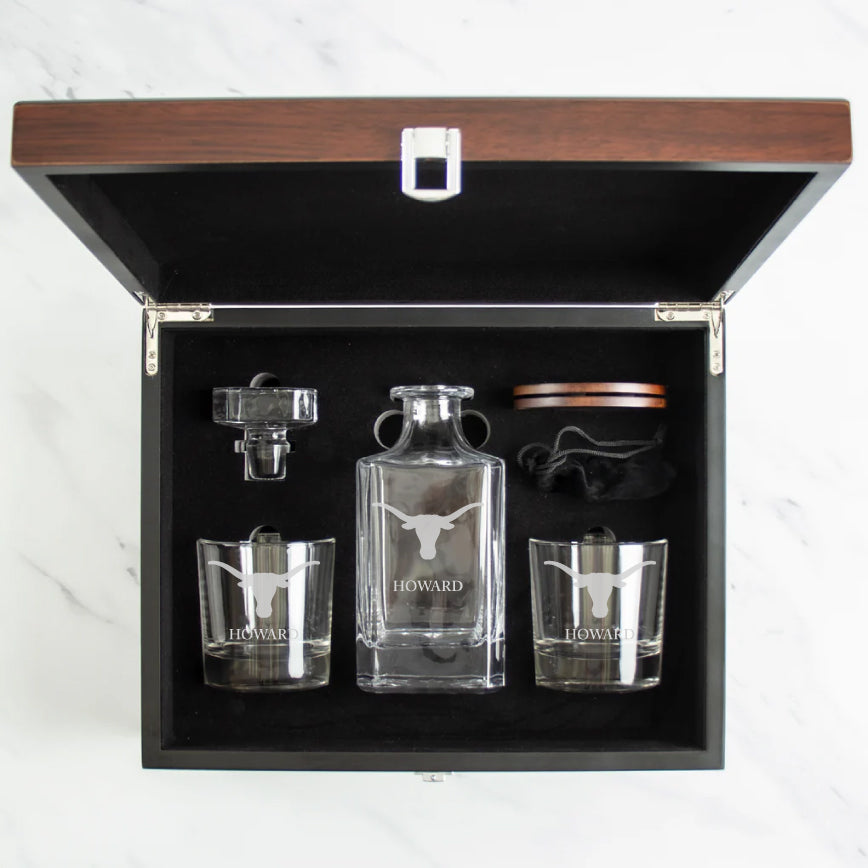 Texas Exes Longhorns decanter set with dark brown wood gift box