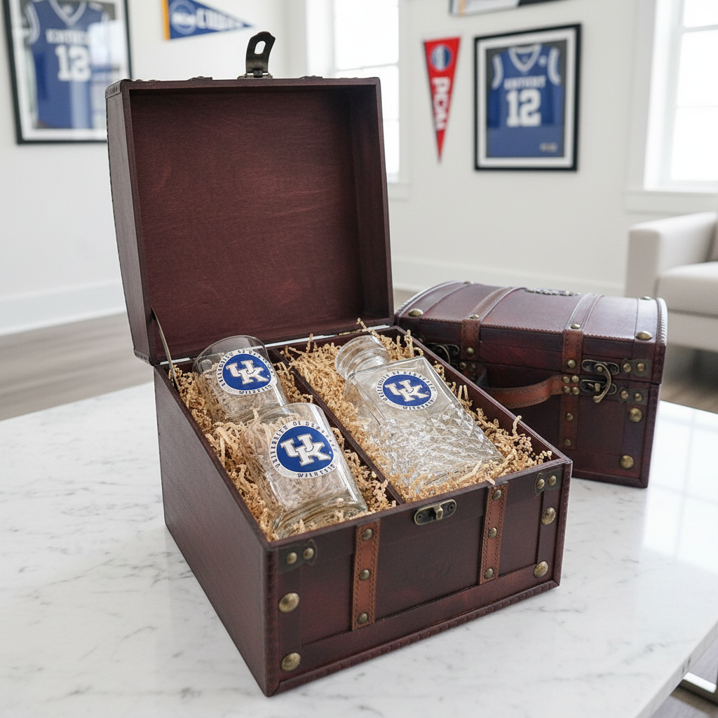 NCAA college glassware and whiskey gifts styled for game day