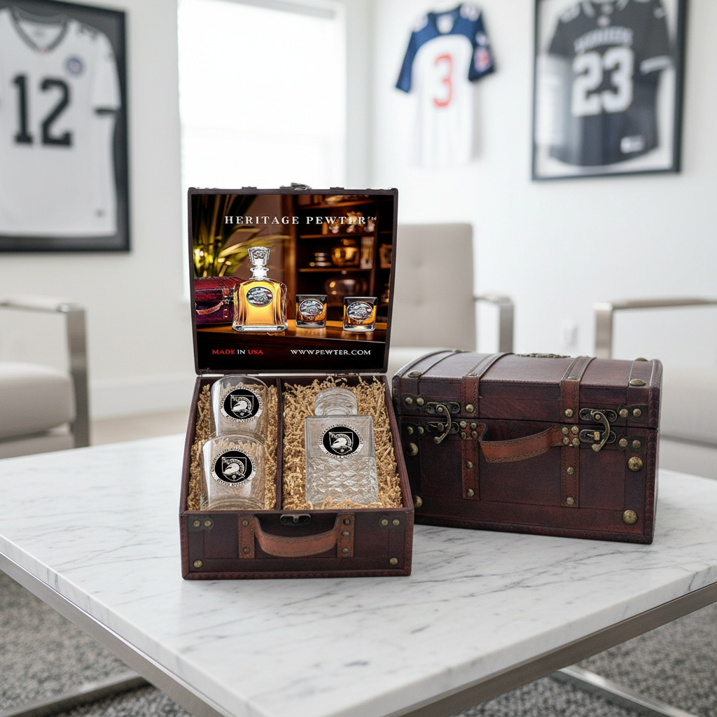 US Military Academy Black Knights Heritage Decanter and 2 Glasses with Chest Box