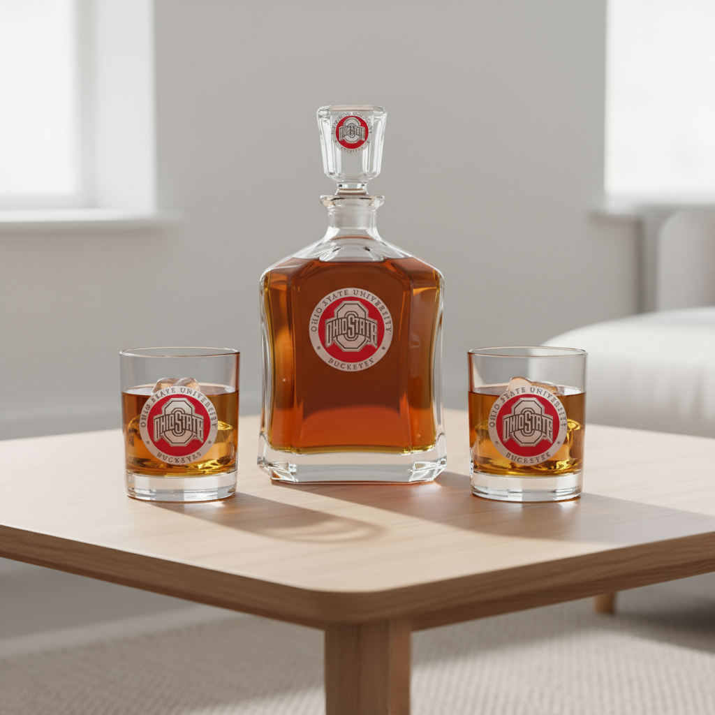Ohio State University Capitol Decanter Set with two whiskey glasses