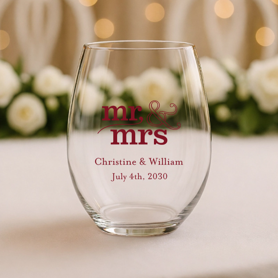 Personalized stemless wine glasses for wedding favors