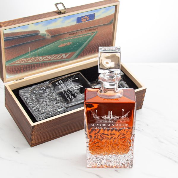Officially licensed Clemson Memorial Stadium decanter in a rustic wood presentation box