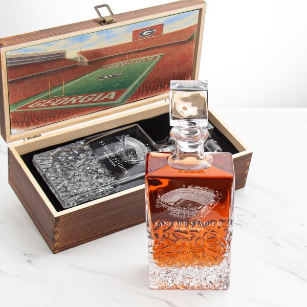 University of Georgia stadium decanter in a rustic wooden gift box