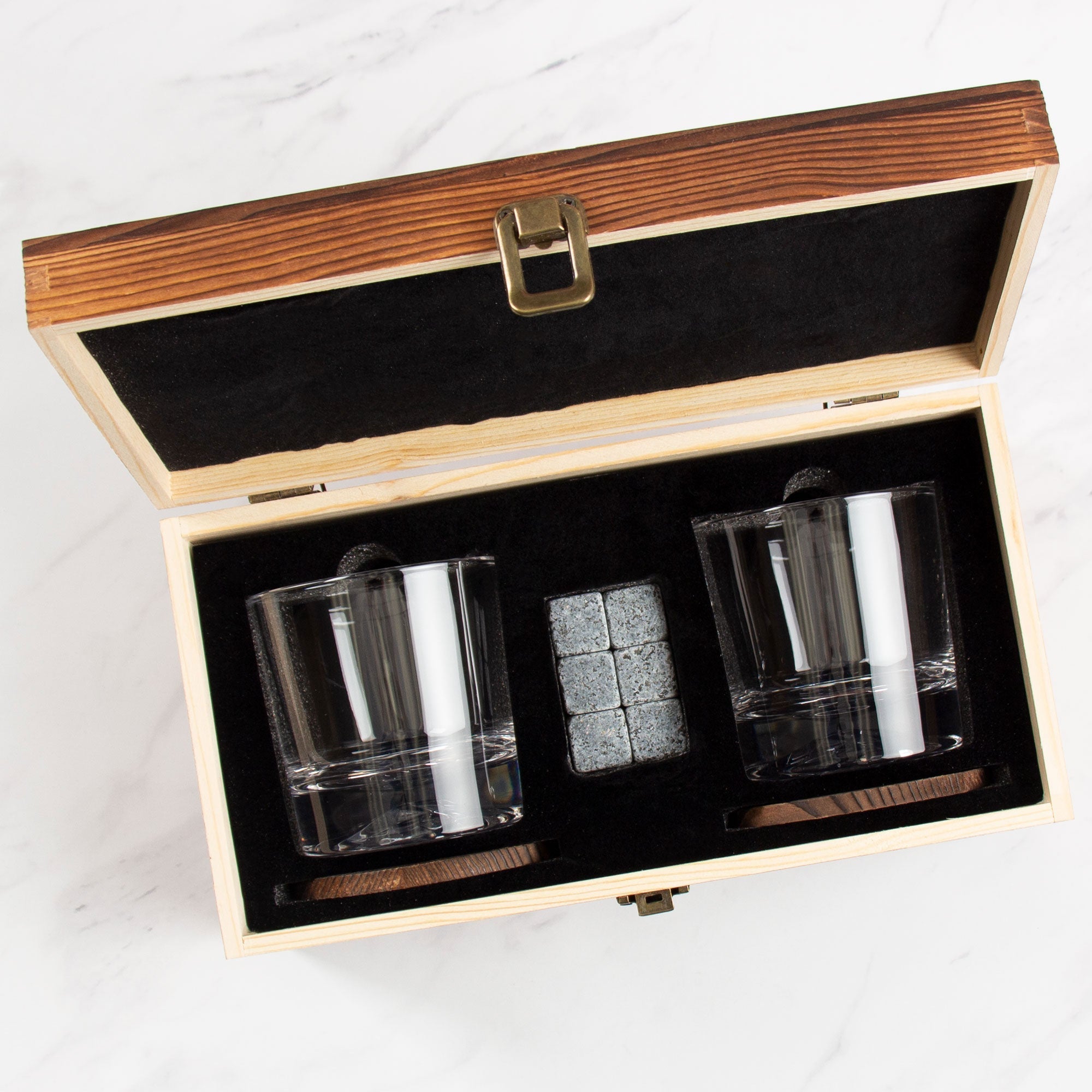 Personalized whiskey glass set presented in a premium wooden gift box
