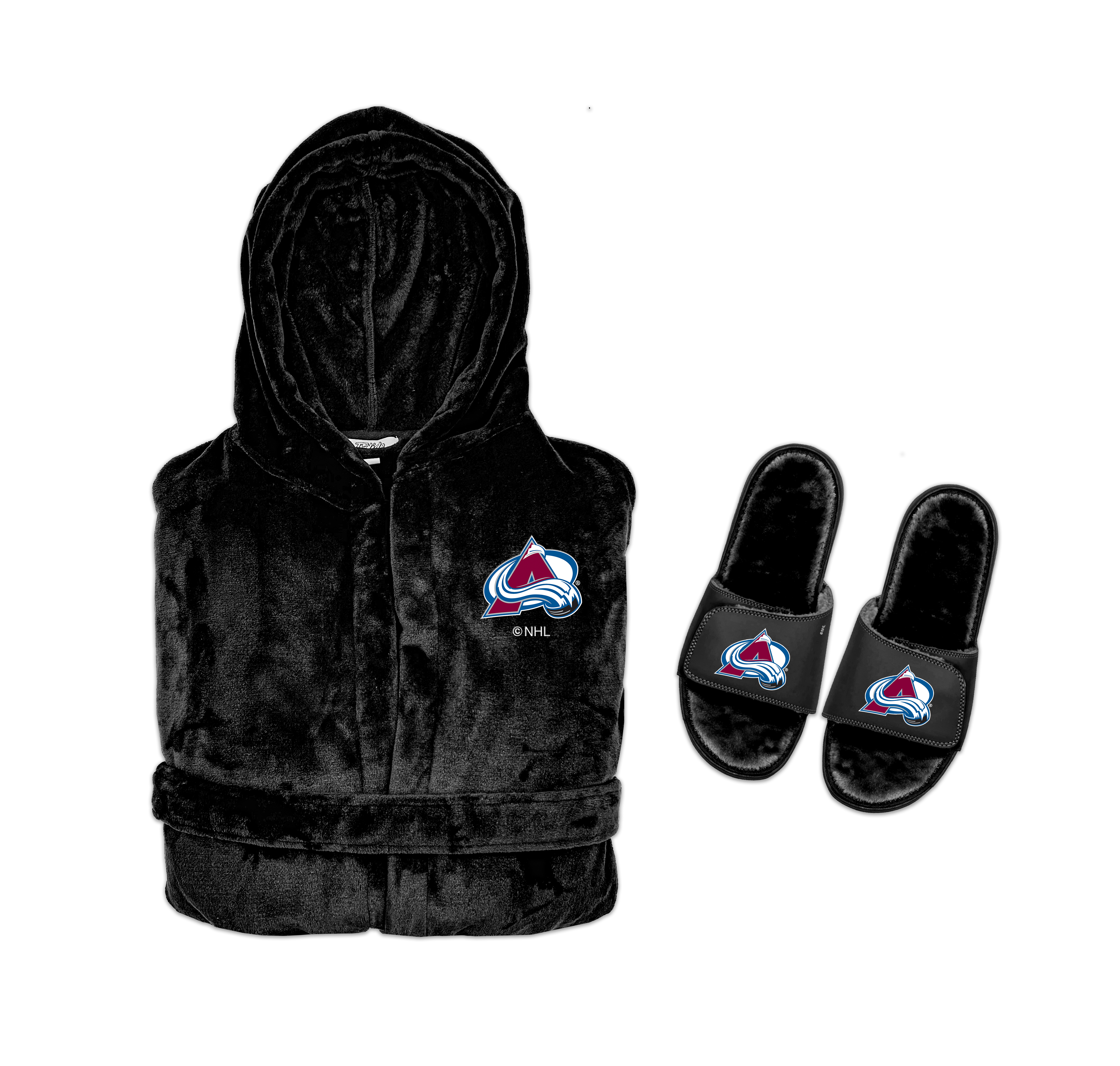 A Colorado Avalanche themed bundle including a black hooded robe and a pair of slipper sandals with the team's logo.