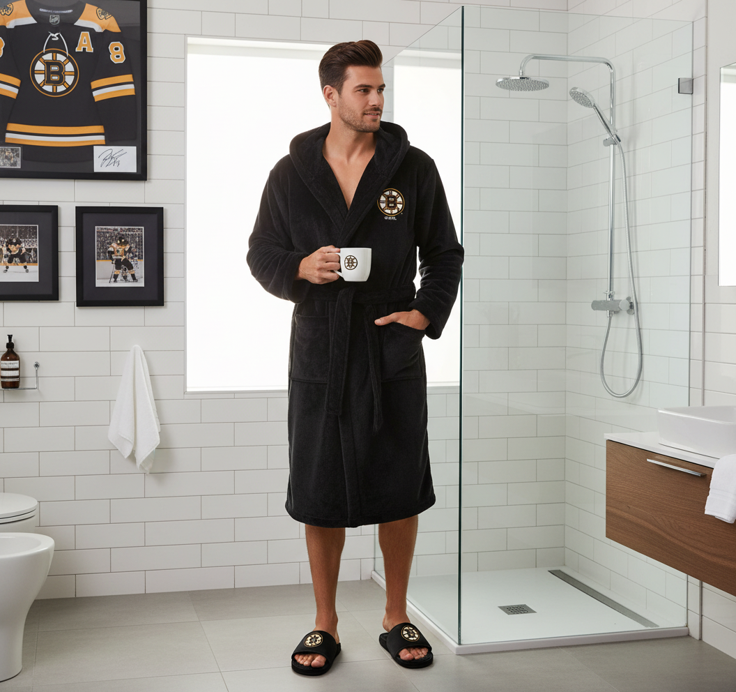 A hooded robe and a pair of slipper sandals with Boston Bruins branding, primarily black in color.