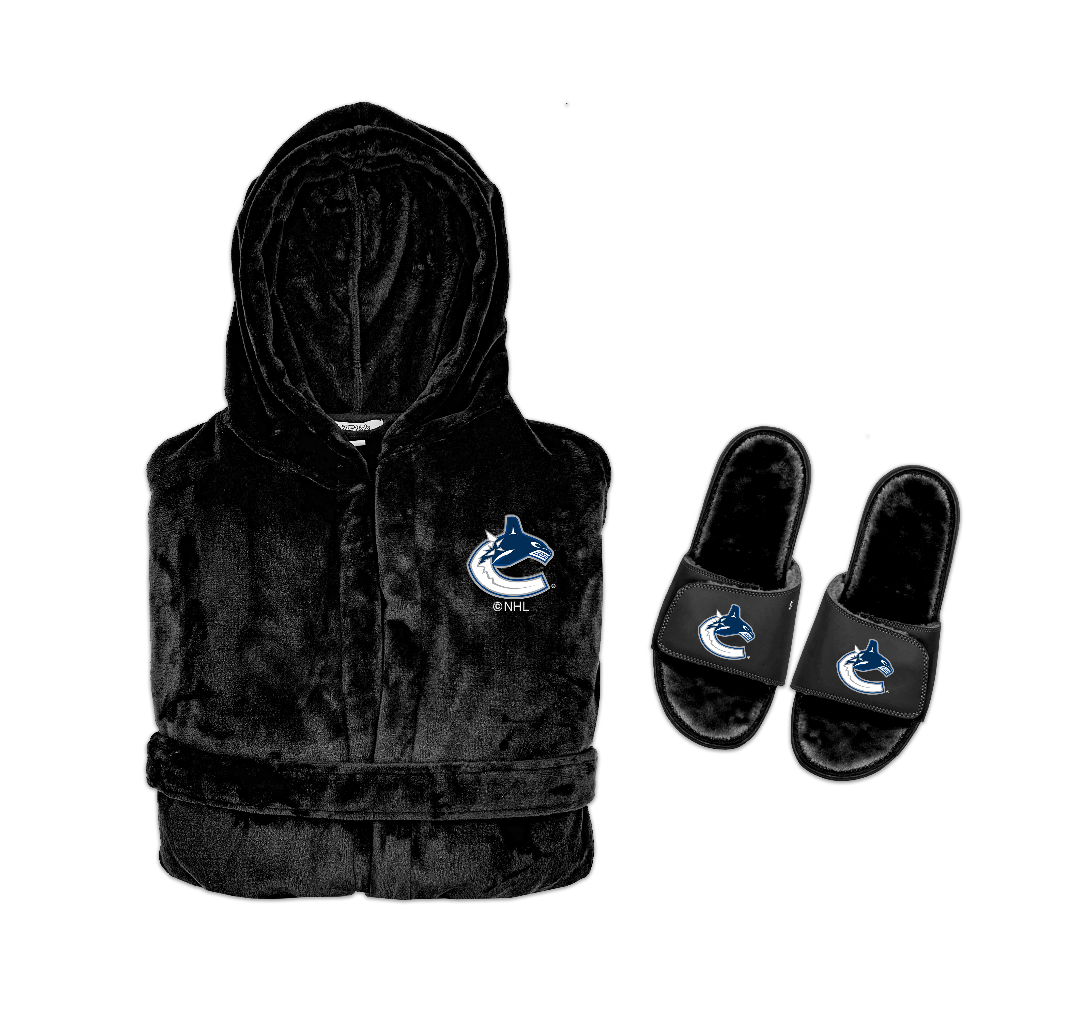 A Vancouver Canucks themed bundle including a black hooded robe with the team's logo on the hood and a pair of black faux fur slipper sandals with the same logo on the sole.