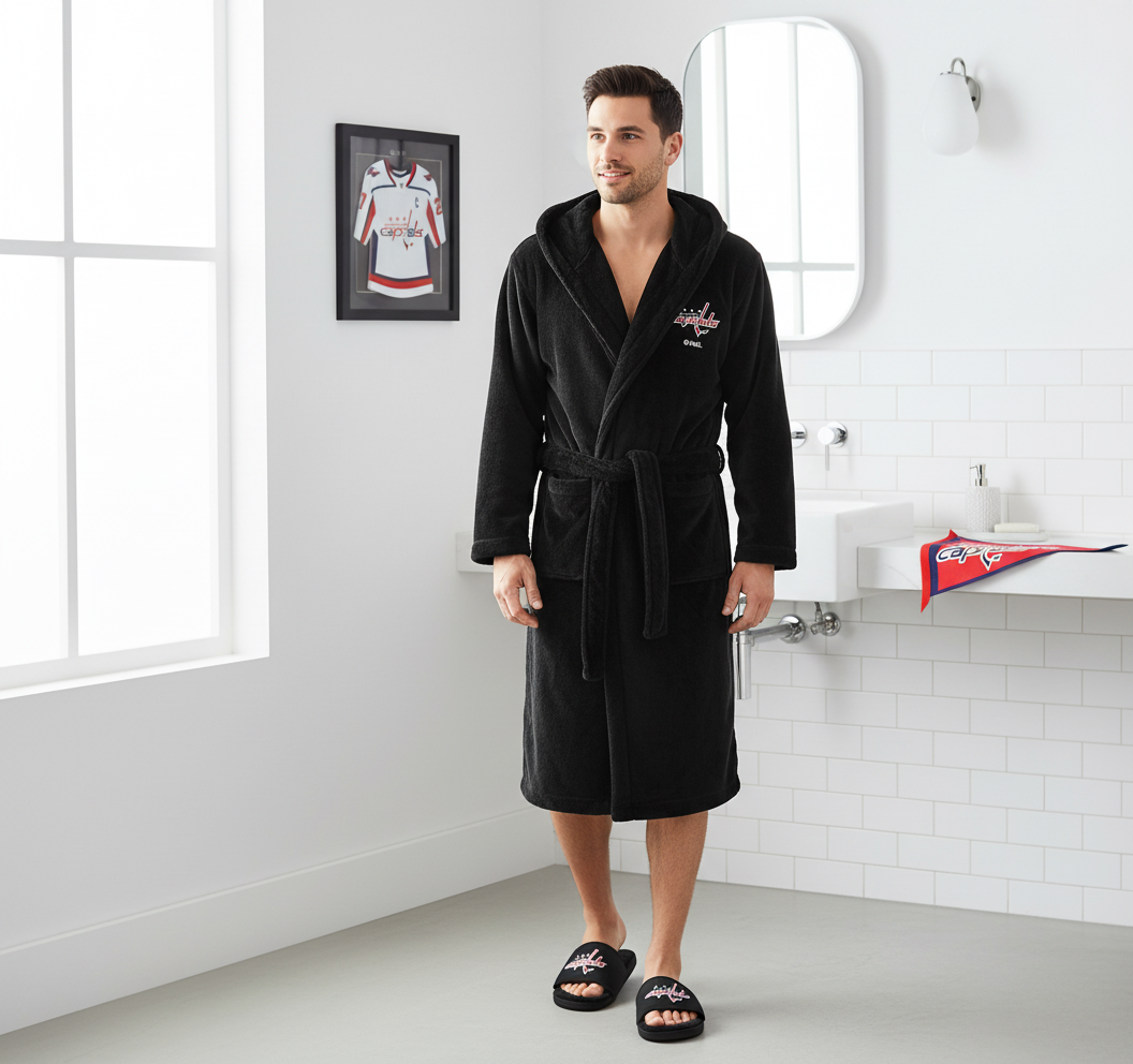 Black hoodie and slides with a logo on a white background