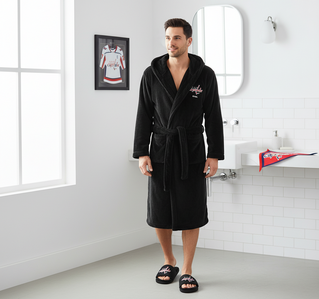 Black hoodie and slides with a logo on a white background