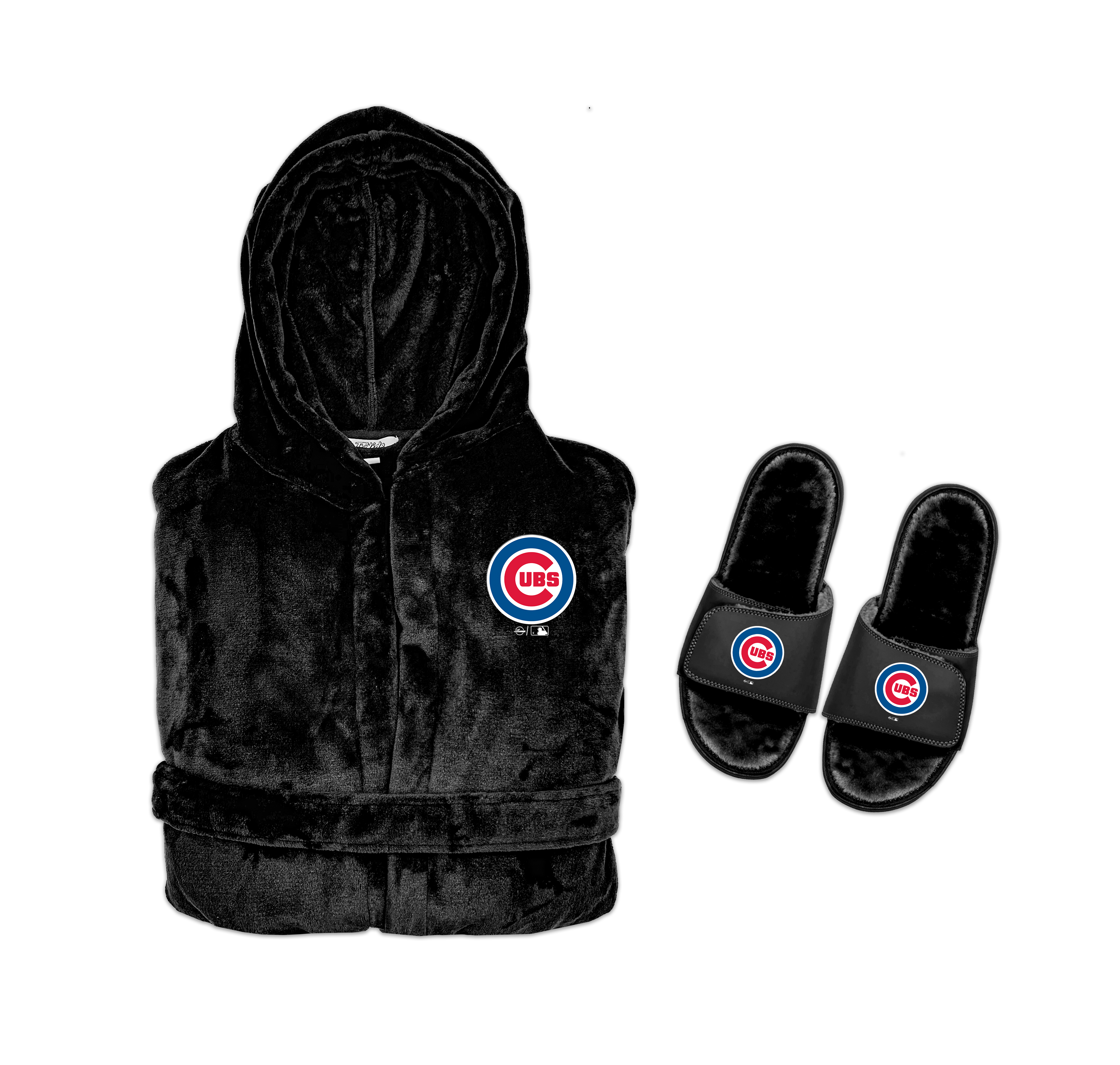 A hooded robe with a Chicago Cubs logo on the chest and a pair of slipper sandals with the same logo, both in black color.