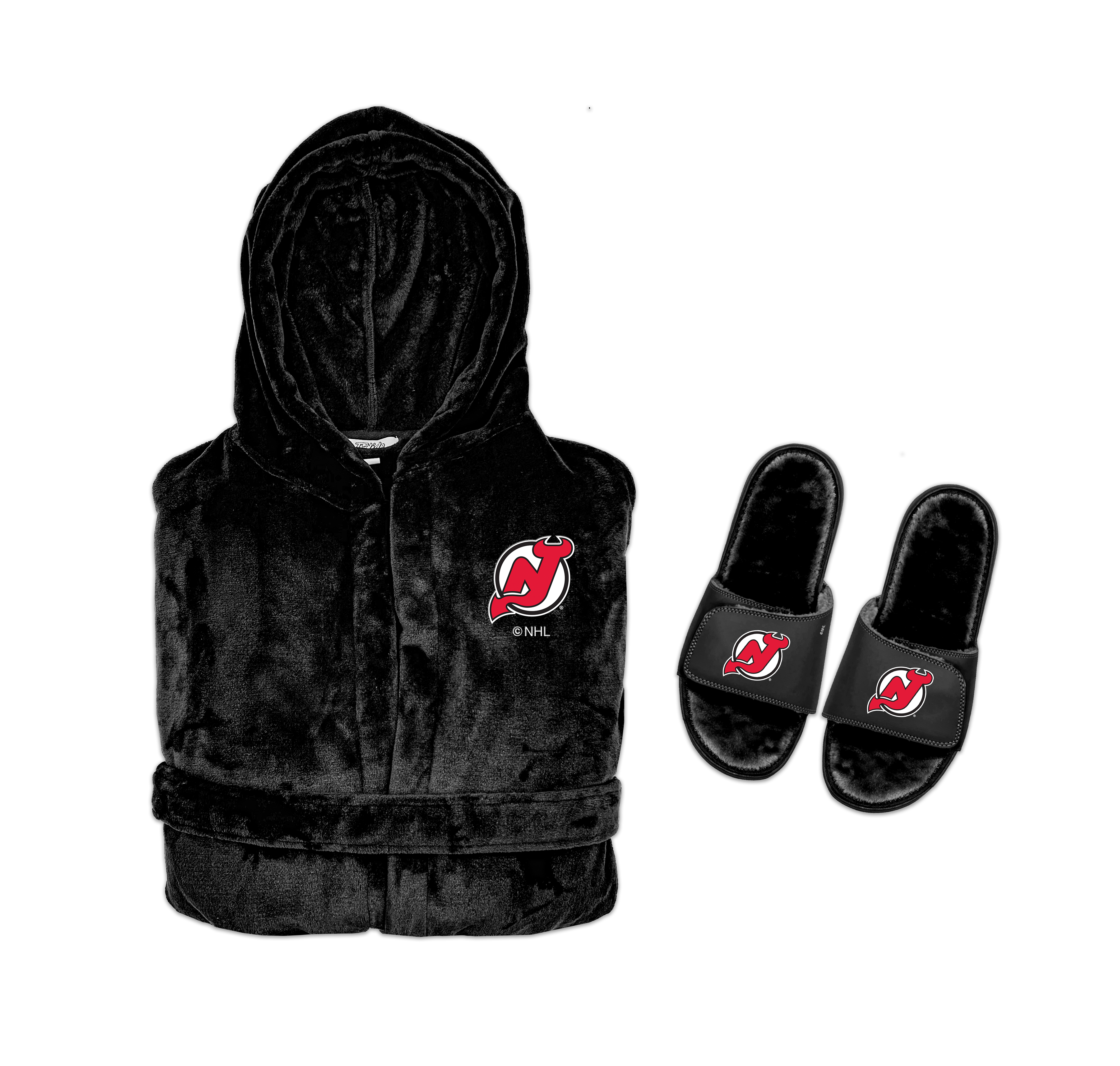 A bundle including a black hooded robe with a New Jersey Devils logo on the front and a pair of black fur slipper sandals with the same logo.