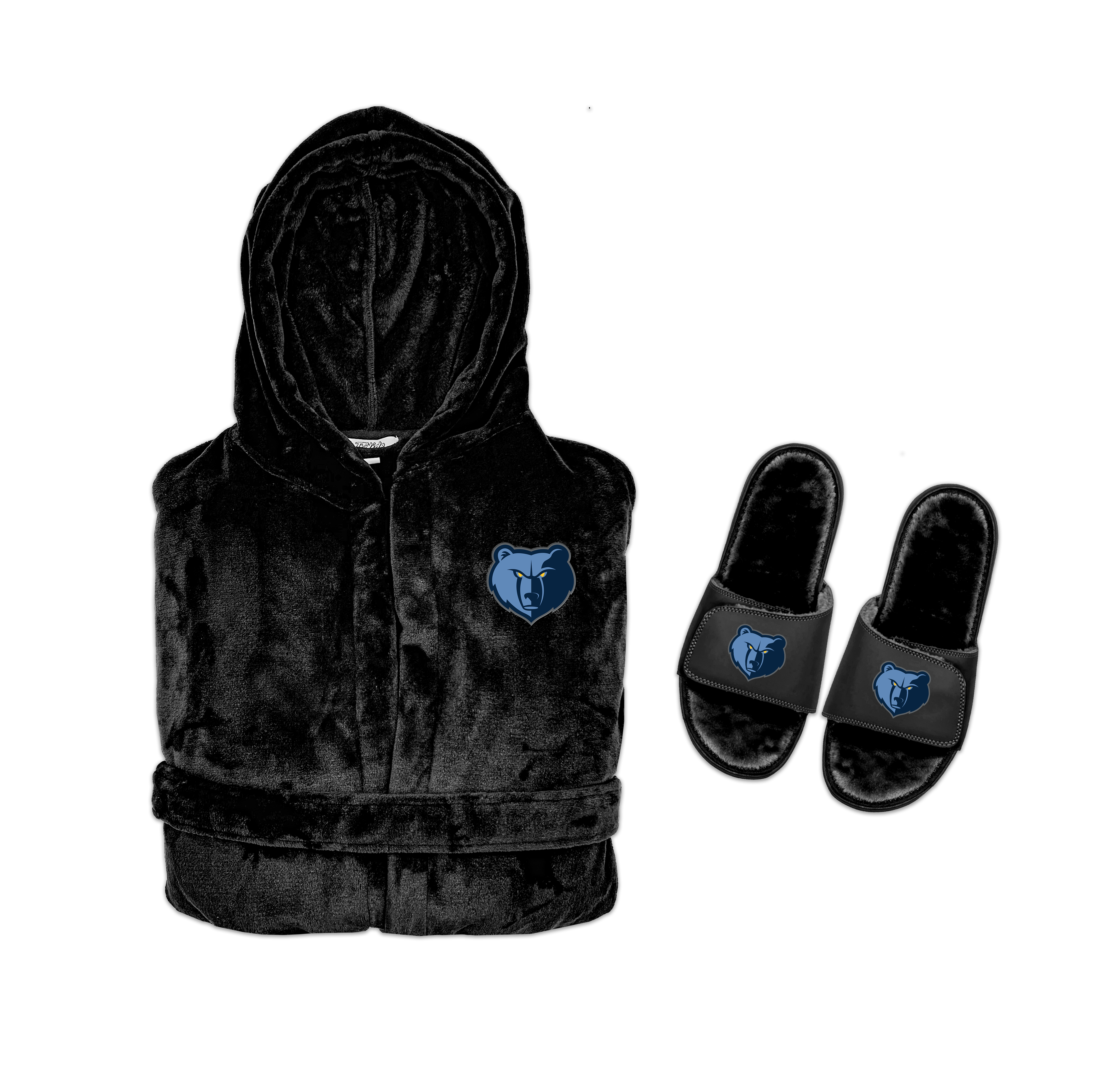A hooded robe and a pair of slipper sandals with Memphis Grizzlies branding, primarily in black color.