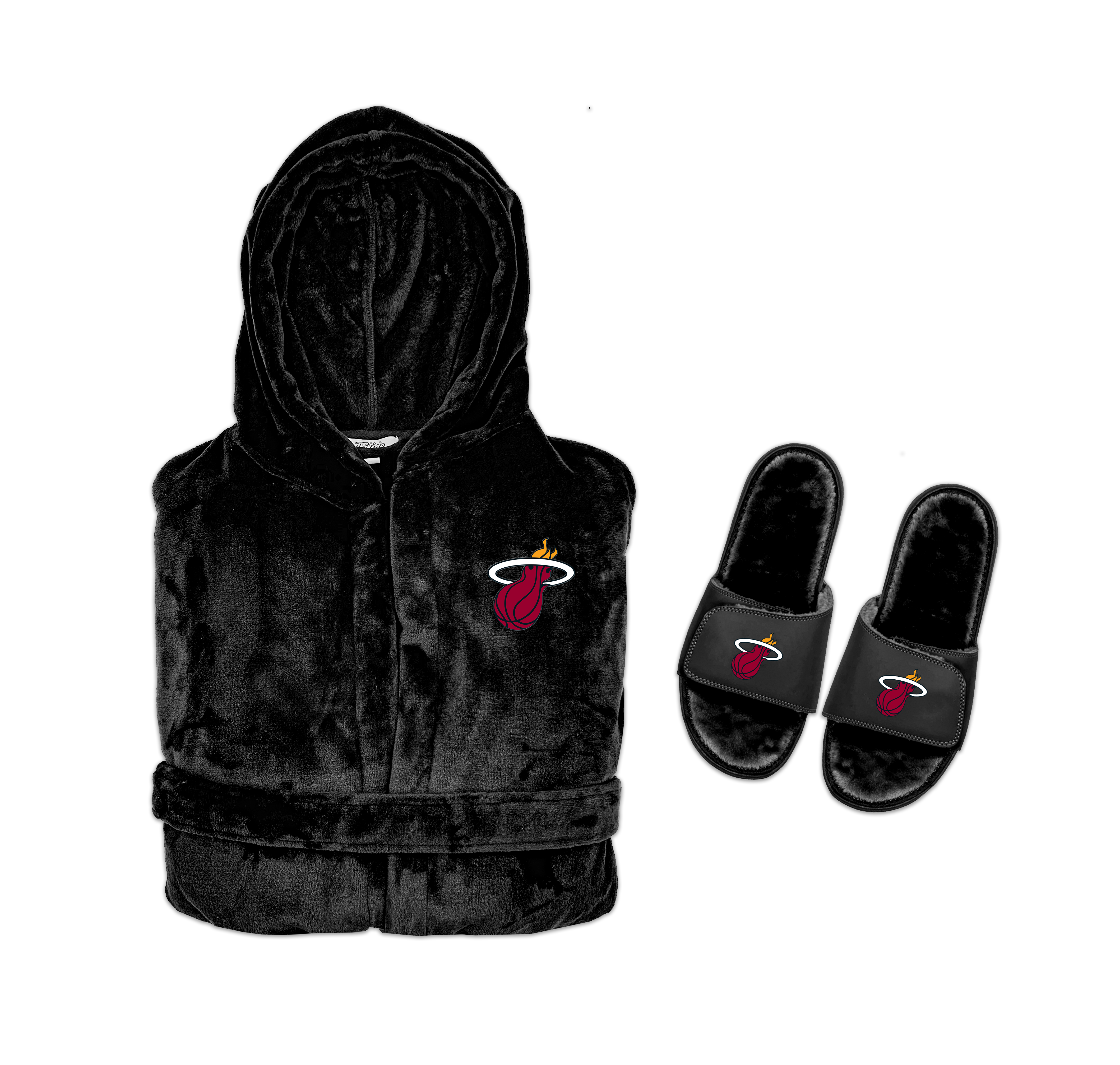 A hooded robe and a pair of slipper sandals with Miami Heat branding, primarily in black color with a plush design.