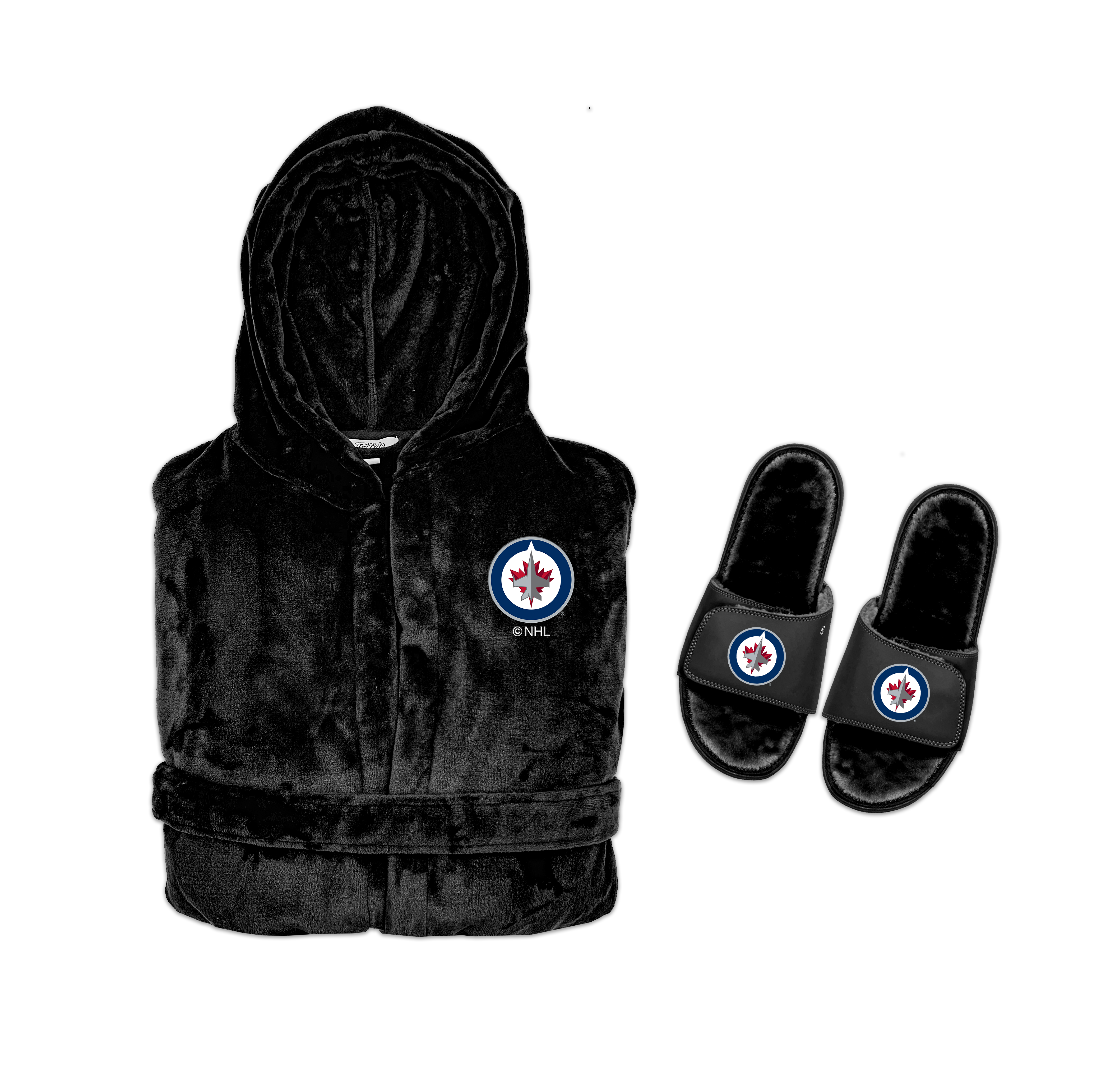 A bundle including a black hooded robe and a pair of black fur slipper sandals with a Winnipeg Jets logo on the sandals.