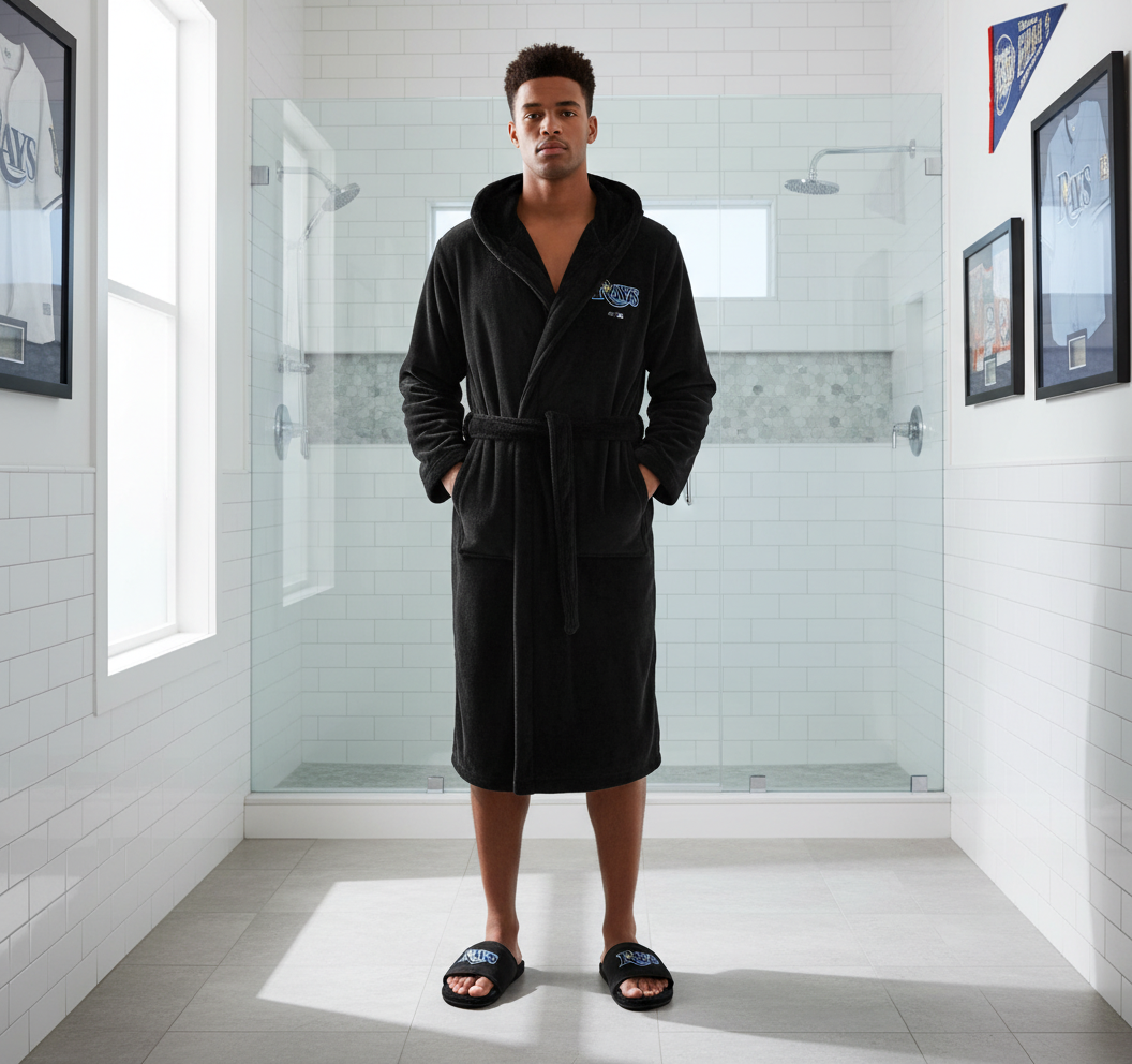 A black hooded robe with 'RAYS' and a blue logo on the front, and a pair of black fur slipper sandals with the same logo.